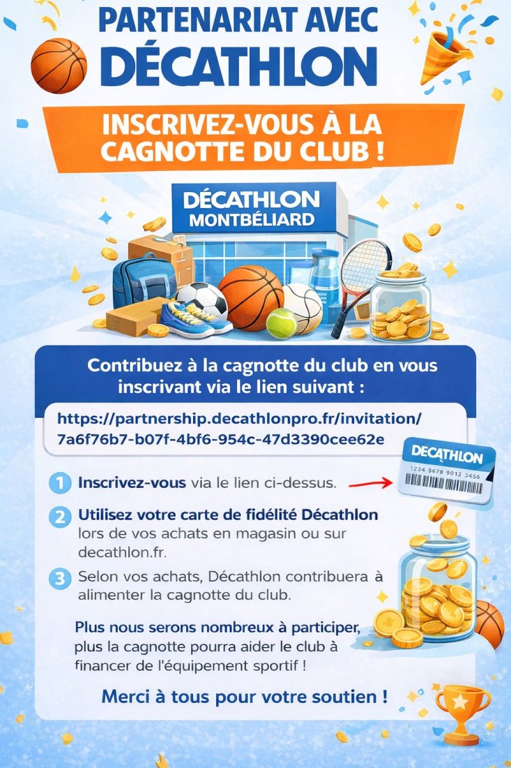 N'oubliez pas notre partenariat avec Décathlon Montbéliard et les SG Héricourt Basket🎉